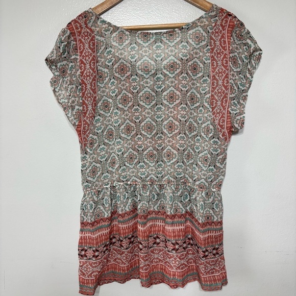 Maurices Boho Coral/Aqua Short Sleeve Sheer Blouse Size L - Picture 6 of 6